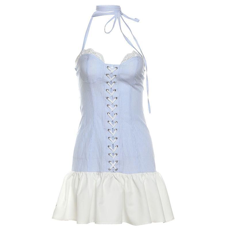 Long-Sleeve Plain Crop Shirt / Strapless Two Tone Lace-Up Lace Trim Mini A-Line Dress Product Image