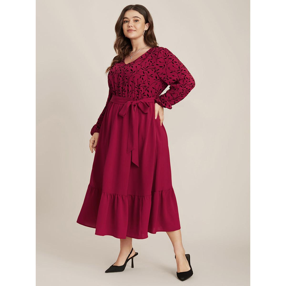 Plus Size Plant Print Lantern Sleeve Pocket Belted Ruffles Hem Dress Burgundy Women Elegant Patchwork V-neck Long Sleeve Curvy Midi Dress BloomChic 26/4X Product Image