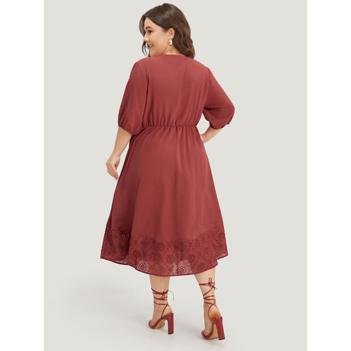 Plus Size Plain Elastic Cuffs Pocket Laser Cut Dress Russet Women Elegant Elastic cuffs V-neck Elbow-length sleeve Curvy Midi Dress BloomChic 26/4X Product Image