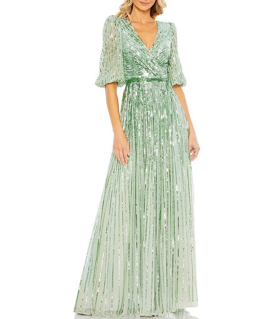 Mac Duggal Sequin Surplice V-Neck 3/4 Sleeve Embellished A-Line Gown Product Image