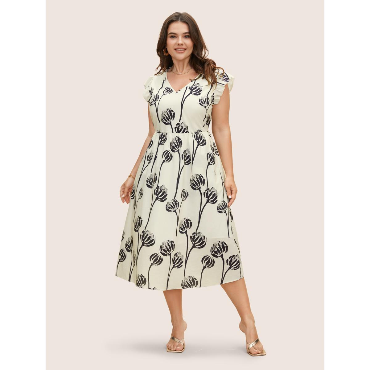 Plus Size V Neck Floral Print Ruffle Cap Sleeve Dress WhiteSmoke Women Elegant Ruffles V-neck Cap Sleeve Curvy BloomChic 14-16/1X Product Image