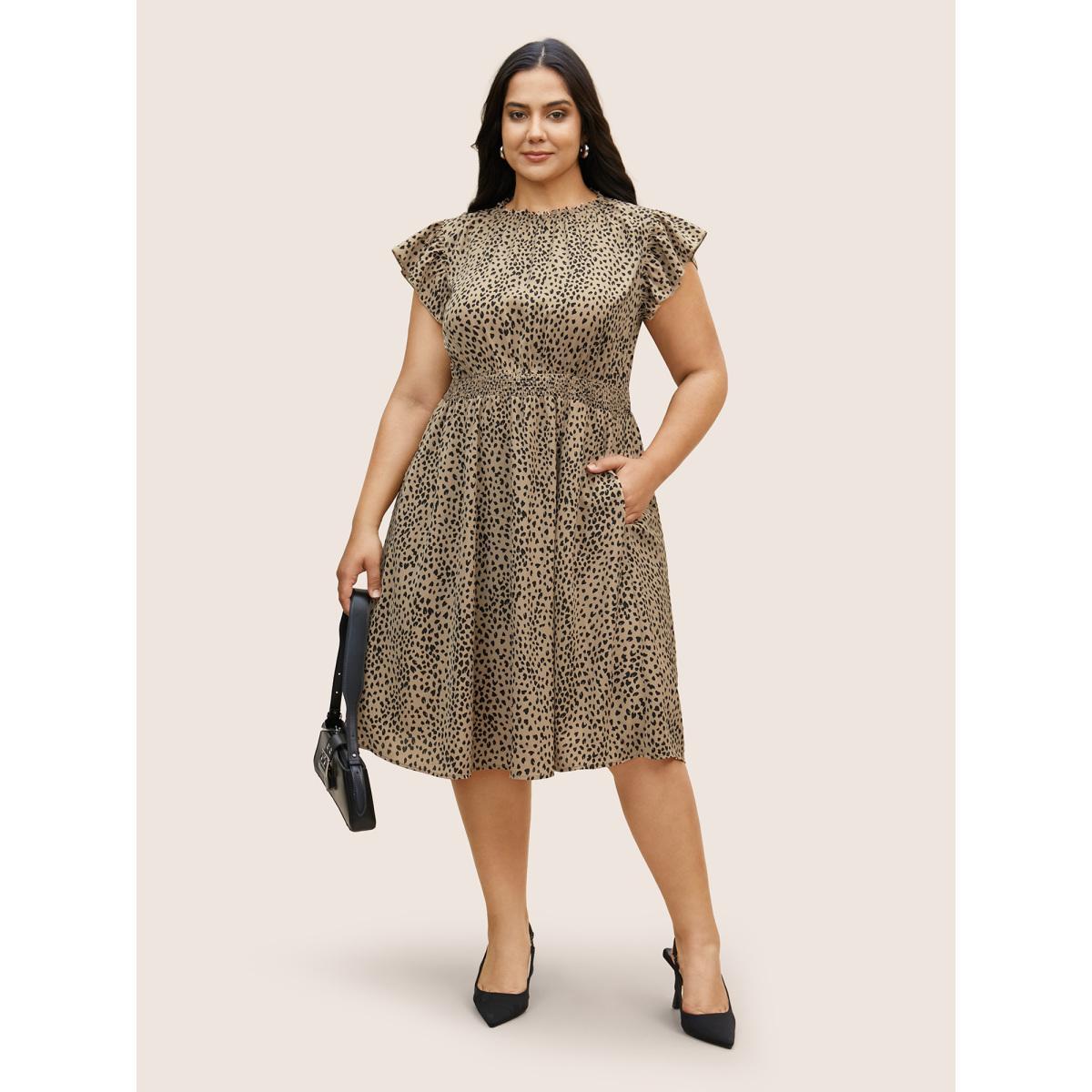 Plus Size Leopard Print Frill Trim Cap Sleeve Dress Bronze Women At the Office Round Neck Cap Sleeve Curvy BloomChic 22-24/3X Product Image