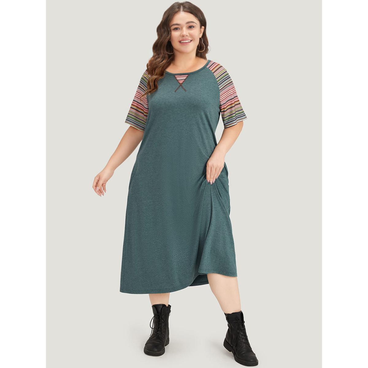 Plus Size Supersoft Essentials Striped Patchwork Pocket Stitch Raglan Sleeve Dress DarkGreen Women Casual Patchwork Round Neck Short sleeve Curvy Midi Dress BloomChic 10/M Product Image