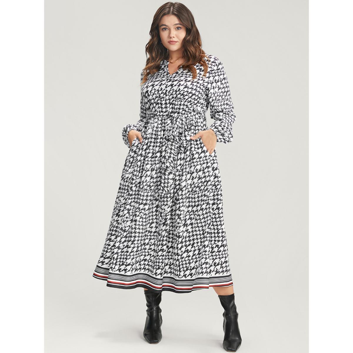 Plus Size Houndstooth Print Pocket Lantern Sleeve Belted Dress Black Women Elegant Pocket V-neck Long Sleeve Curvy Midi Dress BloomChic 30/6X Product Image