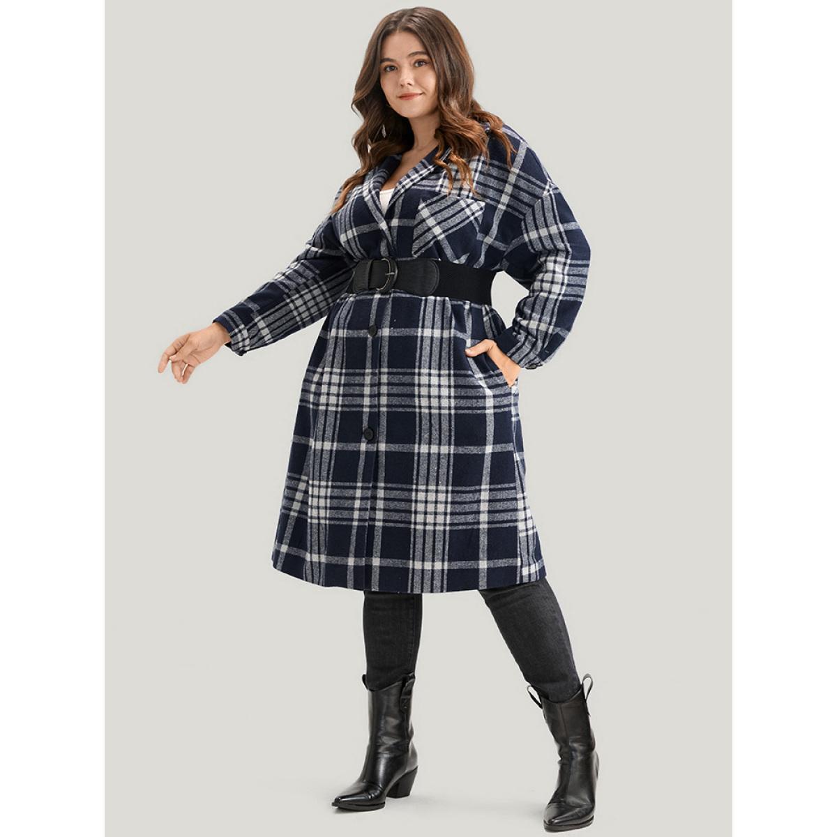 Plus Size Plaid Pocket Button Up Coat Without Belt Women Indigo Casual Pocket Ladies Dailywear Winter Coats BloomChic 12/L Product Image