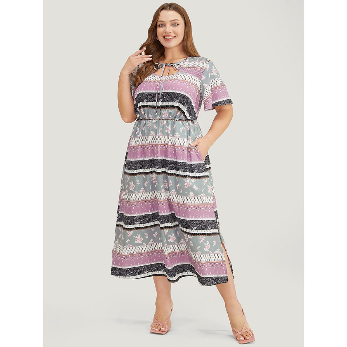 Plus Size Bandana Print Cut Out Tie Neck Pocket Shirred Striped Dress Multicolor Women Elegant Printed Keyhole Cut-Out Short sleeve Curvy Midi Dress BloomChic 14-16/1X Product Image