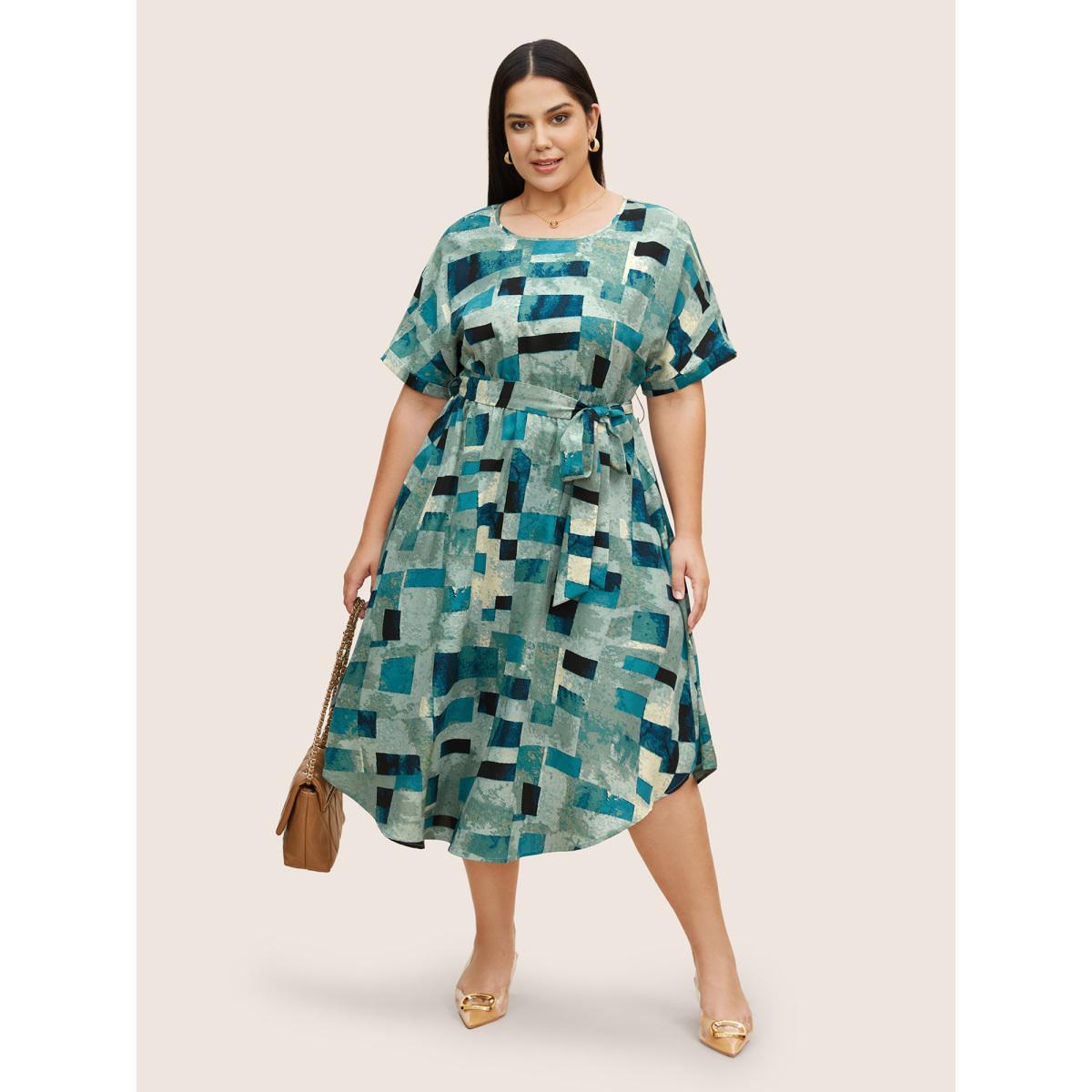 Plus Size Geometric Dolman Sleeve Curved Hem Dress Teal Women At the Office Belted Round Neck Short sleeve Curvy BloomChic 12/L Product Image