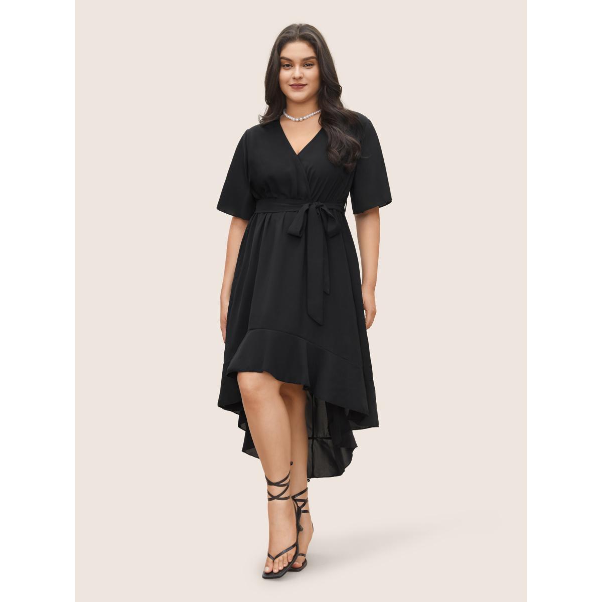 Plus Size Bloom Dress - Solid Tie Surplice Ruffle High Low Dress Black Women Elegant Cross straps V-neck Short sleeve Curvy Midi Dress BloomChic 16/1X Product Image