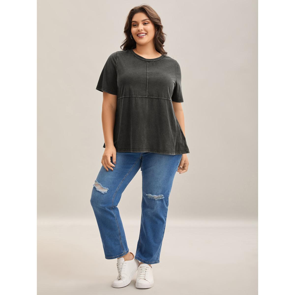 Plus Size Crew Neck Vintage Plain T-Shirt Black Women Casual Non Round Neck Everyday-Casual T-shirts BloomChic 30/6X Product Image