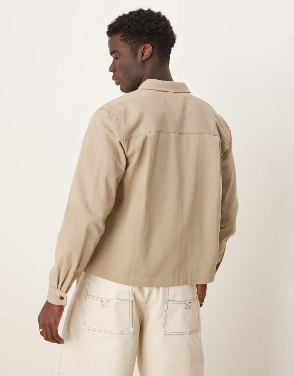 ASOS DESIGN oversized shacket with embroidery in beige Product Image
