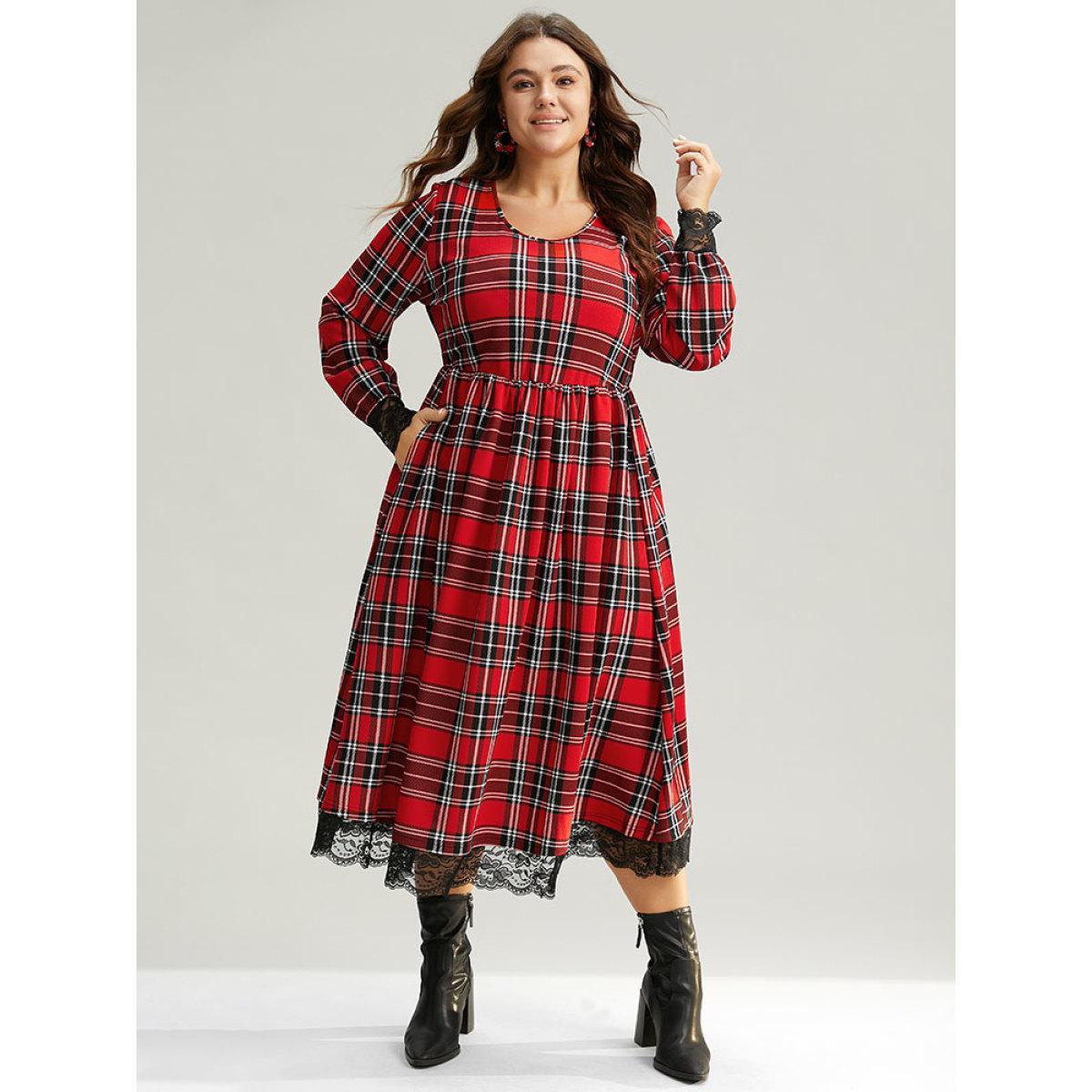 Plus Size Plaid Guipure Lace Elastic Waist Gathered Dress Raspberry Women Casual Printed Round Neck Long Sleeve Curvy Midi Dress BloomChic 18-20/2X Product Image