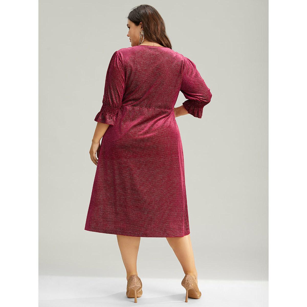 Plus Size Plain Velvet Glitter Split Hem Shirred Dress Scarlet Women Glamour Velvet Round Neck Half Sleeve Curvy Midi Dress BloomChic 14-16/1X Product Image