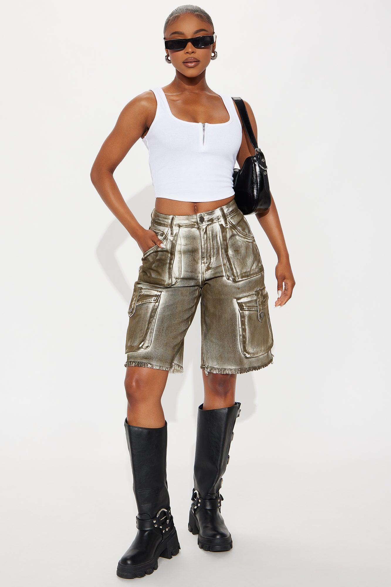 On A Mission Cargo Denim Jorts - Dark Olive Product Image