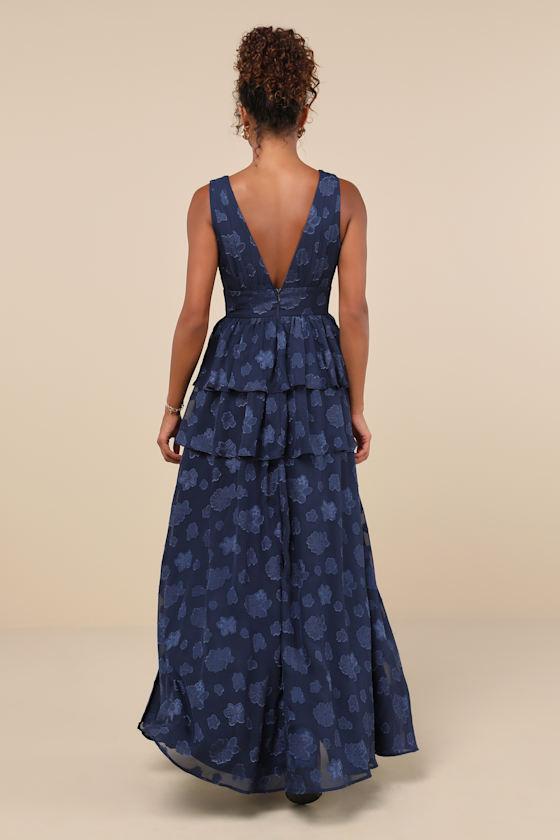 Cherished Elegance Navy Blue Burnout Jacquard Tiered Maxi Dress Product Image