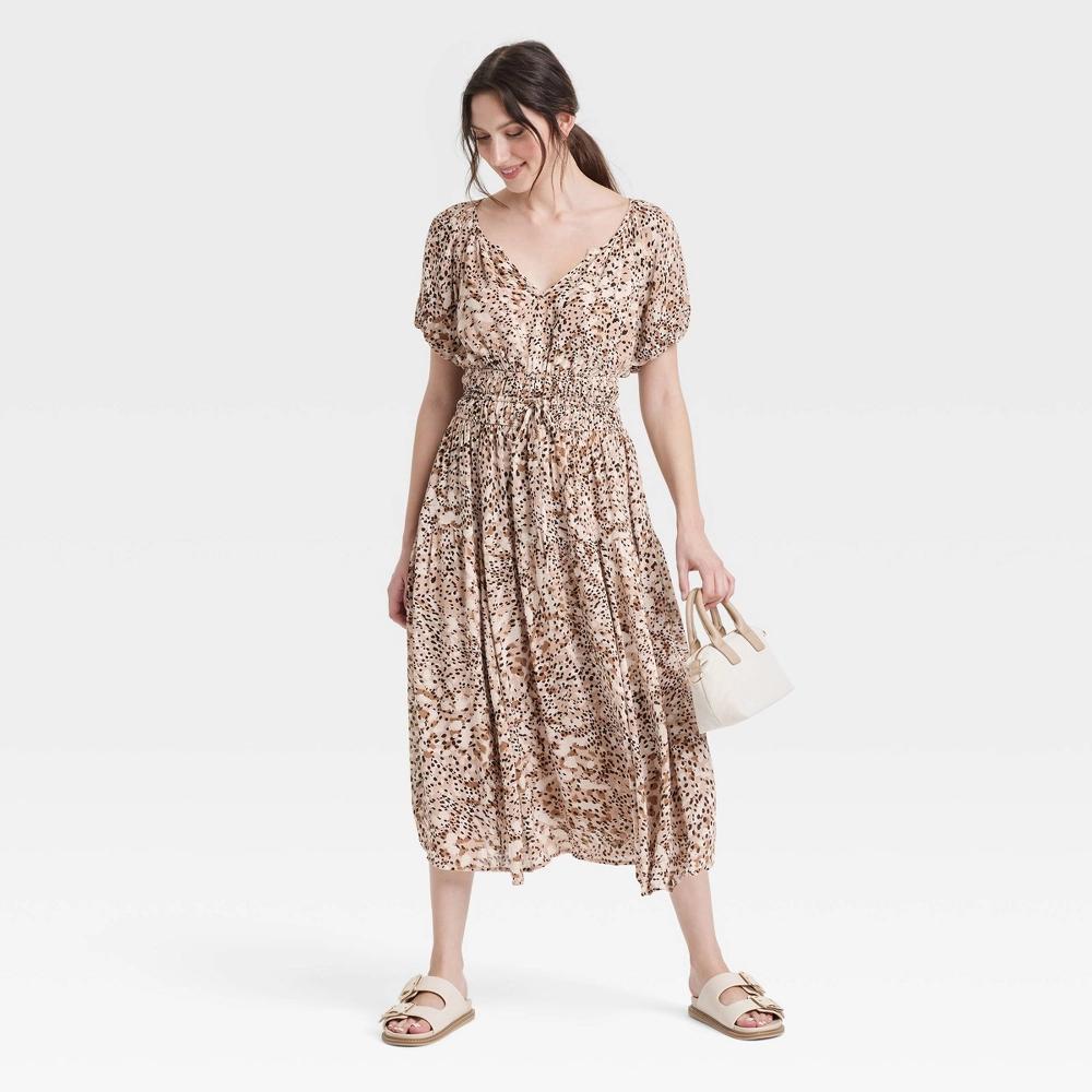 Women's Puff Short Sleeve Drop Tiered Midi A-Line Dress - Universal Thread™ Brown Leopard Spot XS Product Image