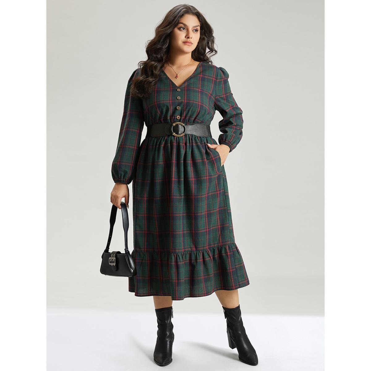 Plus Size Plaid Shirred Button Detail Ruffle Hem Dress Multicolor Women Office Elastic cuffs V-neck Long Sleeve Curvy Midi Dress BloomChic 10/M Product Image