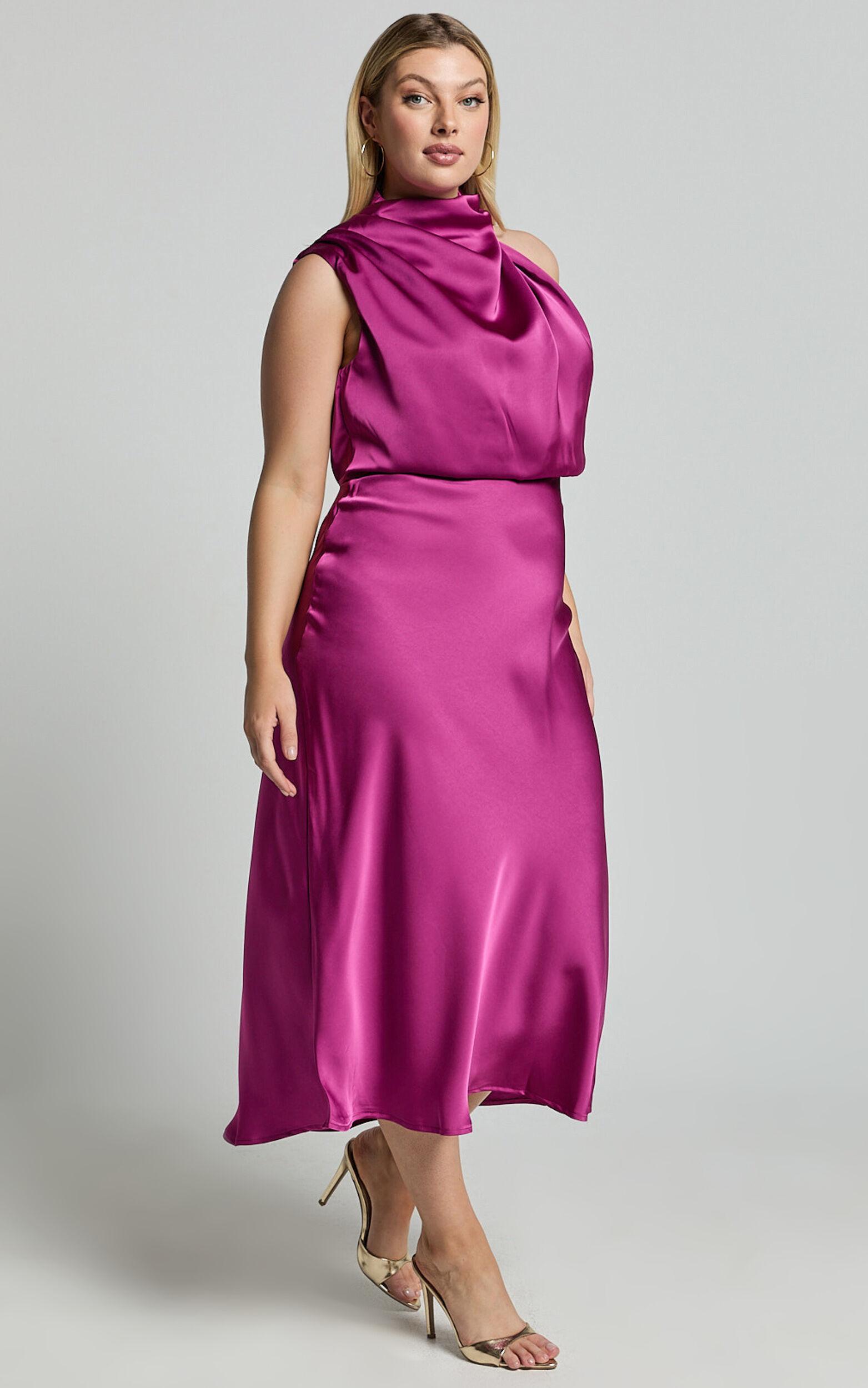 Minnie Midi Dress - Drape Neck Satin Slip Dress in Purple Product Image