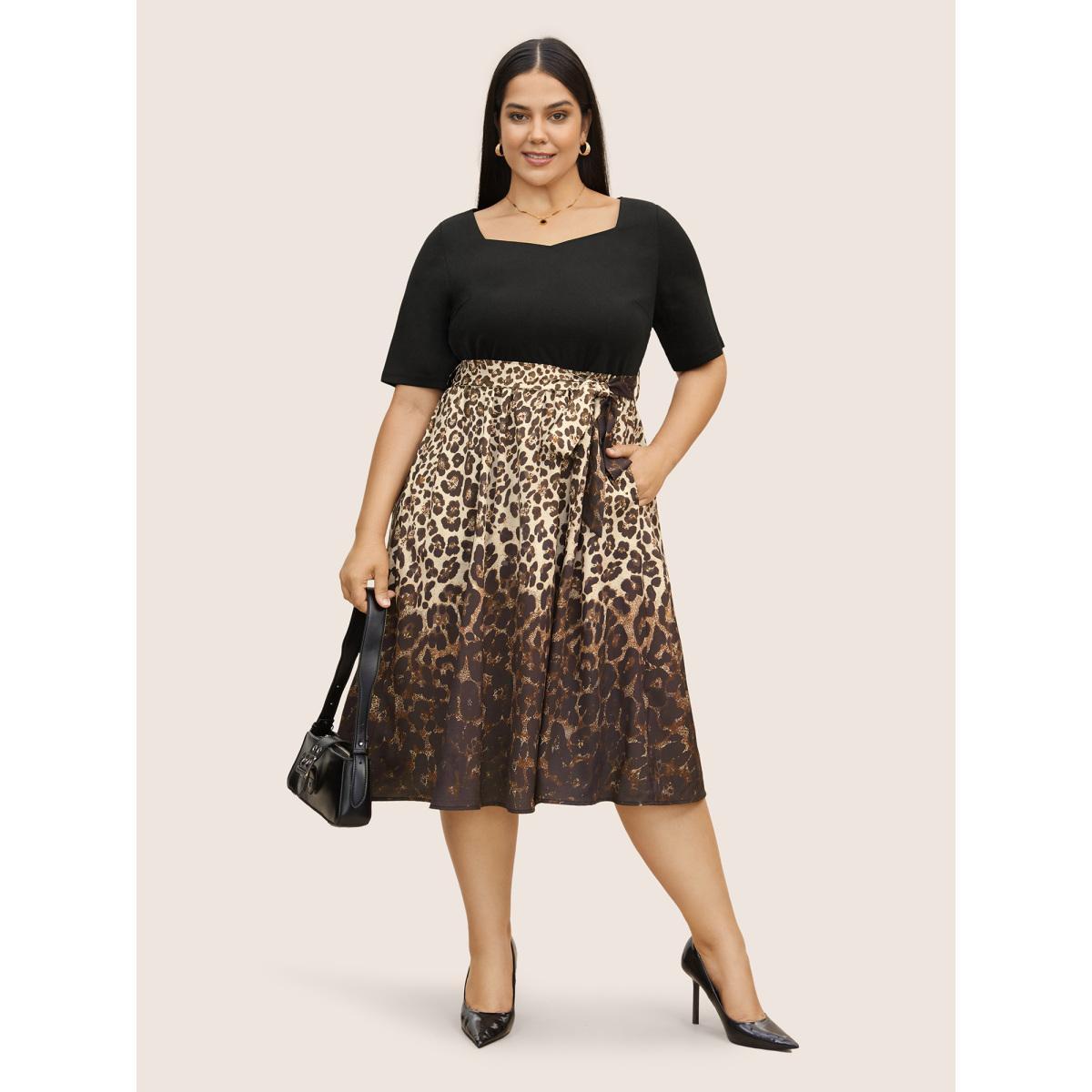 Plus Size Leopard Print Ombre Belted Heart Neckline Dress Tan Women At the Office Belted Heart neckline Half Sleeve Curvy BloomChic 12/L Product Image