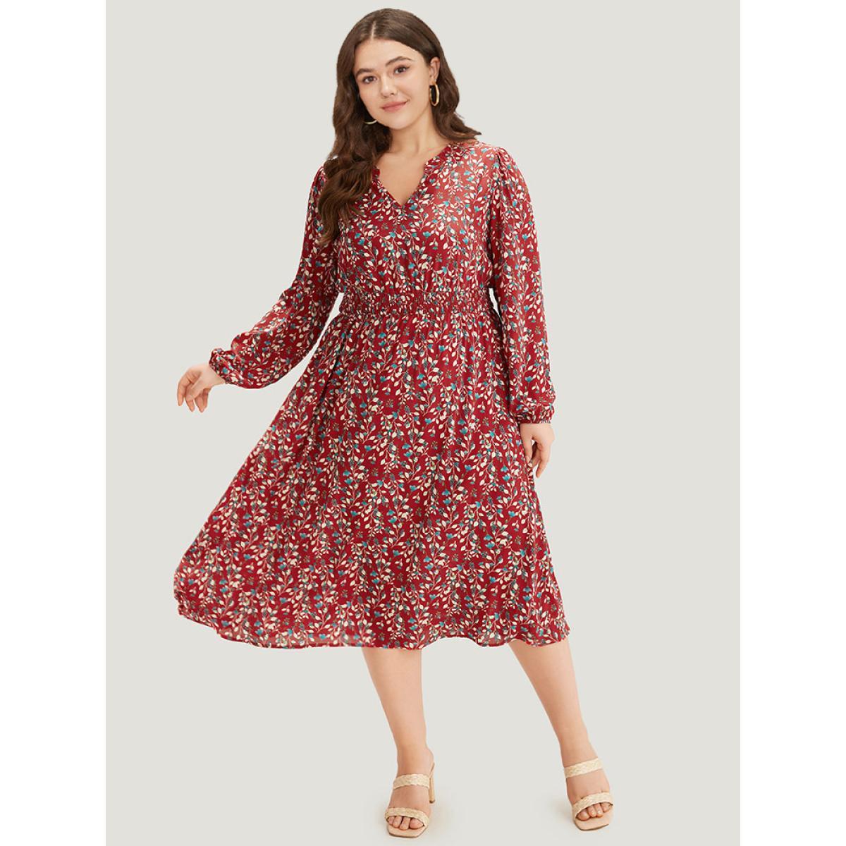 Plus Size Ditsy Floral Pocket Shirred Notched Dress Crimson Women Elegant Elastic cuffs Notched collar Long Sleeve Curvy Midi Dress BloomChic 22-24/3X Product Image