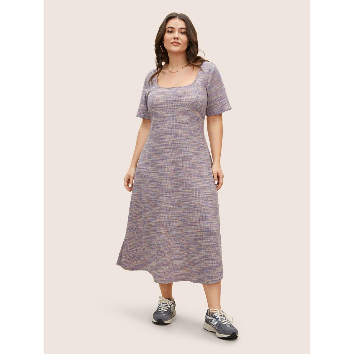 Plus Size Textured Waffle Knit Crisscross Split Side Dress Mauve Women Casual Texture Square Neck Short sleeve Curvy BloomChic 18-20/2X Product Image