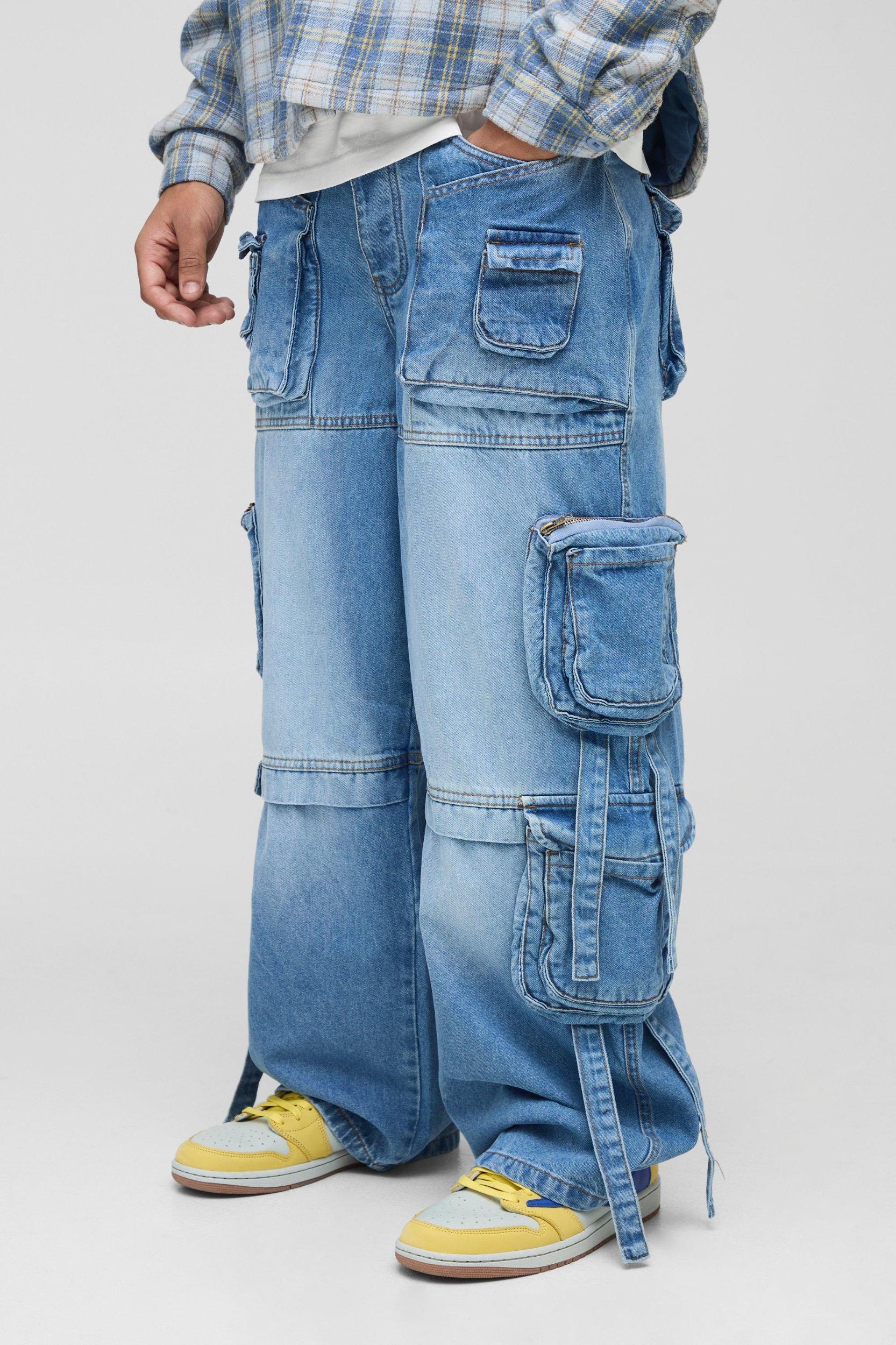 Mens Baggy Rigid Multi Pocket Cargo Strap Denim Jean In Light Blue Product Image