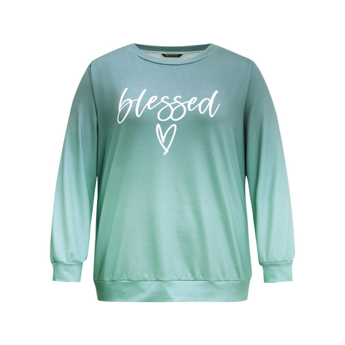 Plus Size Letter Print Ombre Crew Neck Sweatshirt Women Cyan Casual Printed Dailywear Sweatshirts BloomChic 26/4X Product Image