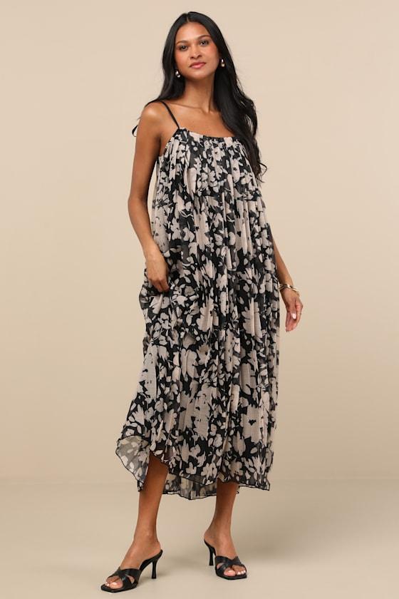 Fiorella Black Floral Pleated Shift Midi Dress Product Image