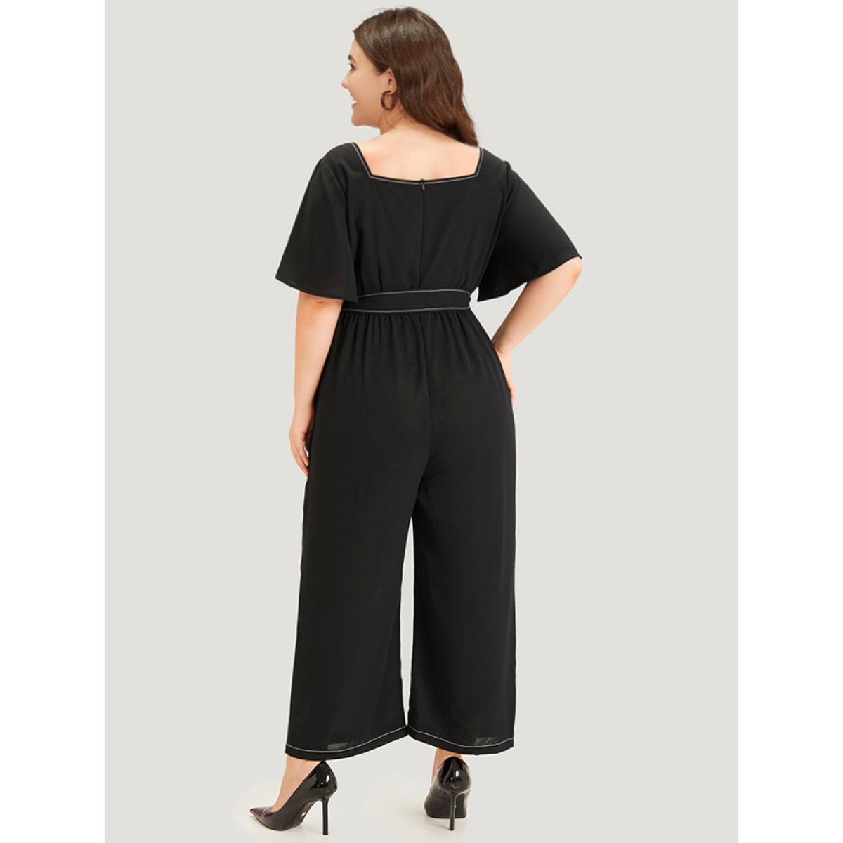 Plus Size Black Contrast Stitch Pocket Button Detail Belted Zipper Jumpsuit Women Office Short sleeve Square Neck Work Loose Jumpsuits BloomChic 12/L Product Image