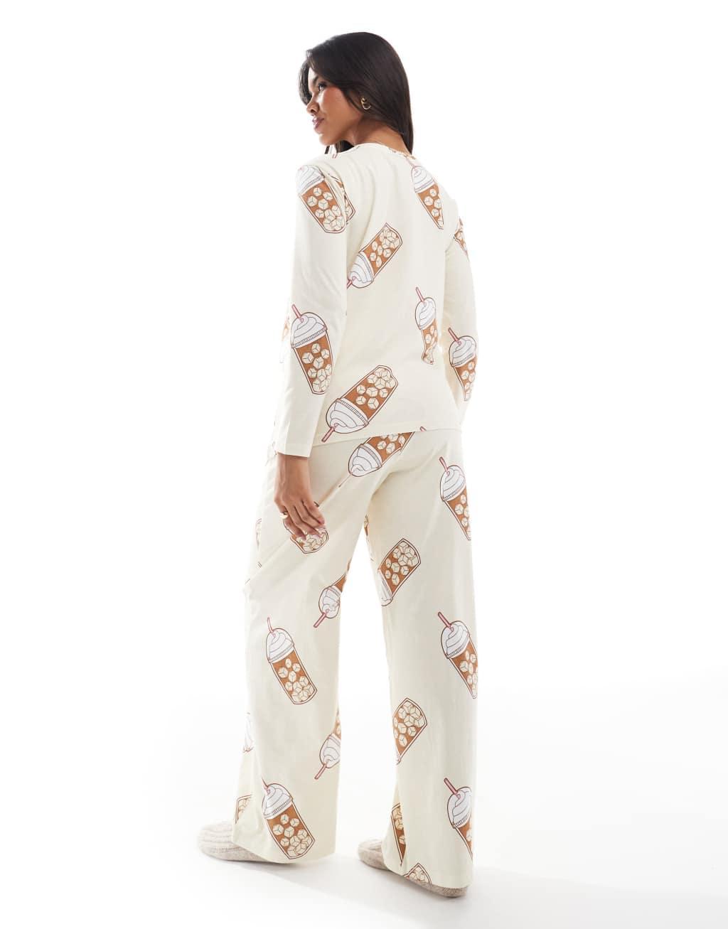 ASOS DESIGN Maternity Iced coffee long sleeve top and pants pajama set in beige Product Image