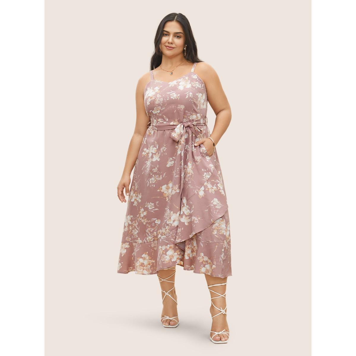 Plus Size Floral Pocket Elastic Waist Adjustable Straps Dress DustyPink Women Elegant Non Non Sleeveless Curvy Midi Dress BloomChic 22-24/3X Product Image
