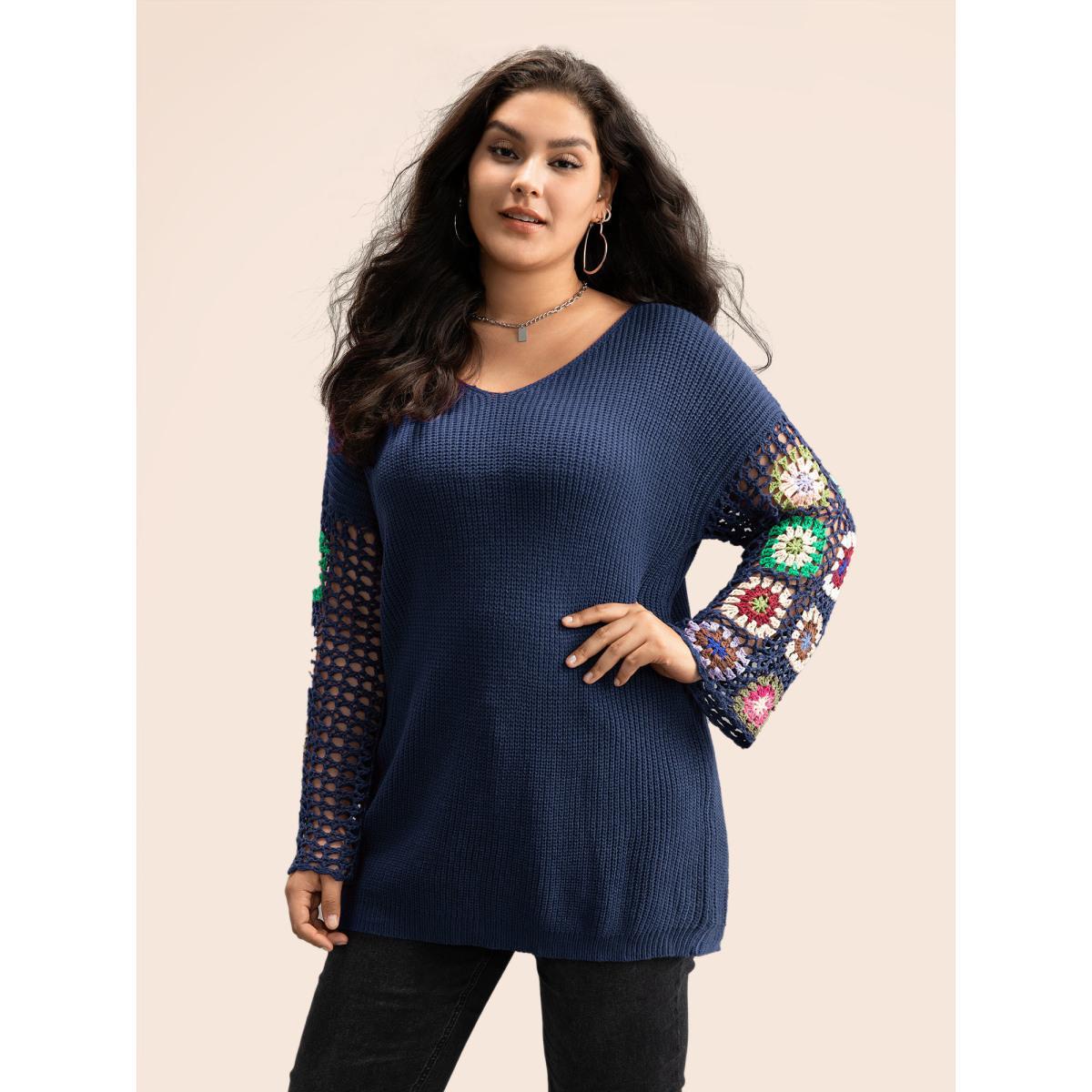 Plus Size Floral Embroidered Hollow Out Pullover Indigo Women Casual Long Sleeve V-neck Everyday Pullovers BloomChic 14-16/1X Product Image