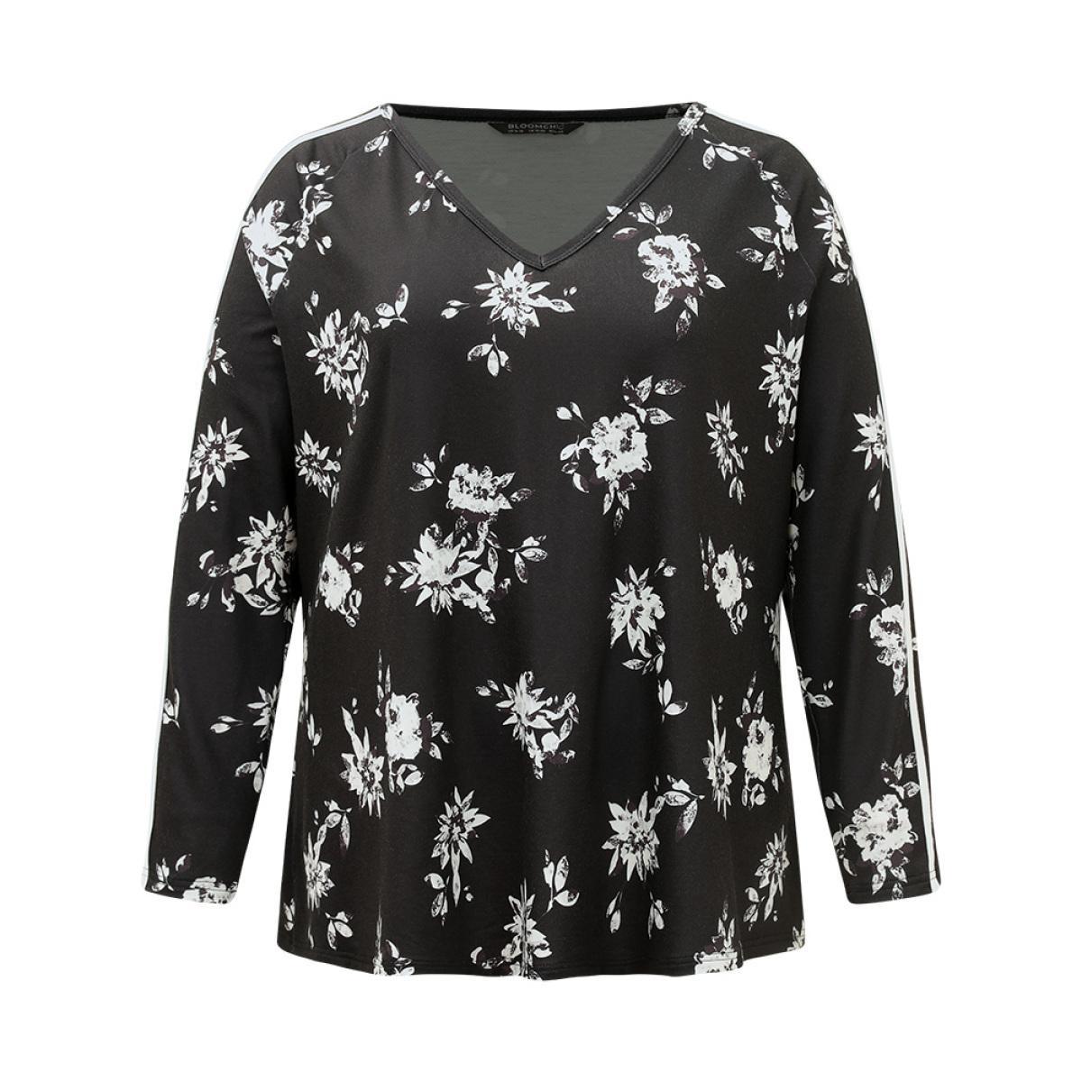 Plus Size Floral Raglan Sleeve Contrast Trim Sweatshirt Women Black Elegant Printed V-neck Everyday Sweatshirts BloomChic 18-20/2X Product Image