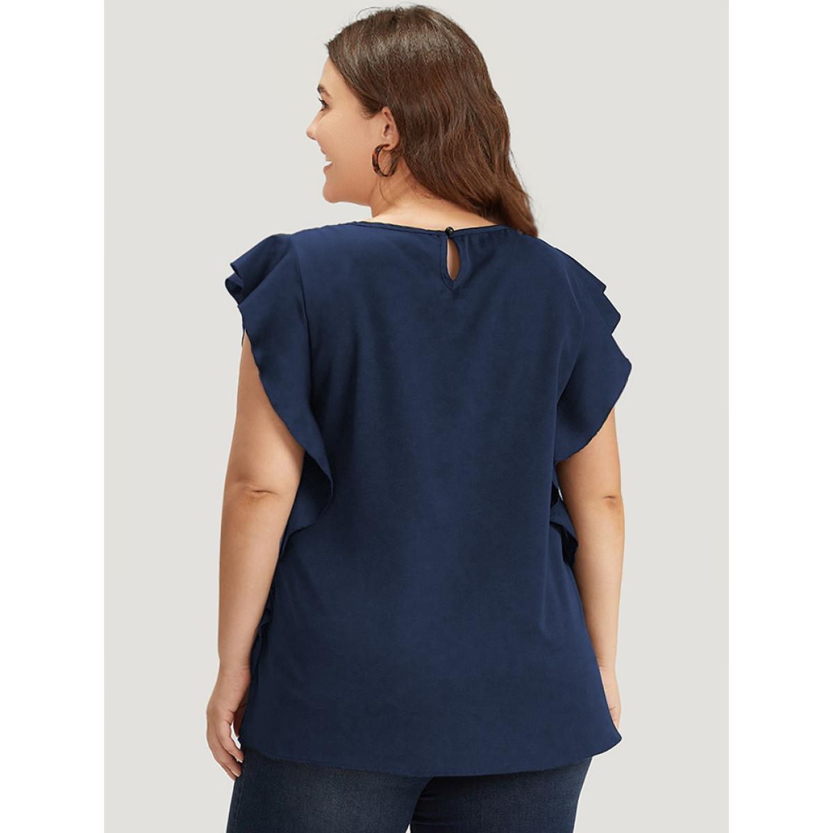 Plus Size Indigo Solid Crew Neck Ruffle Trim Blouse Women Office Cap Sleeve Round Neck Work Blouses BloomChic 28/5X Product Image