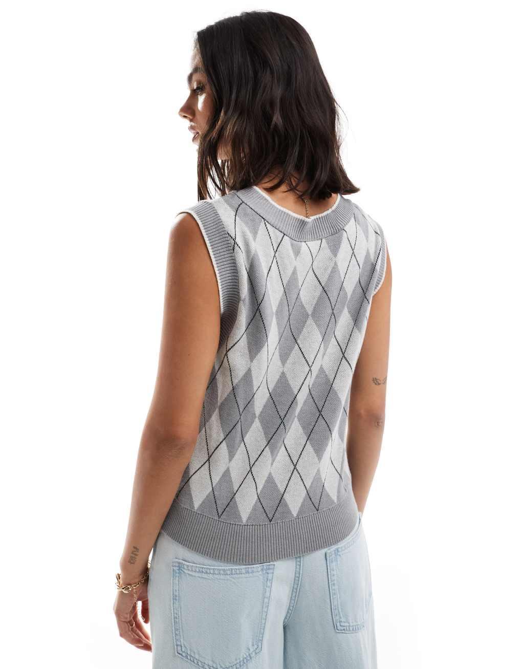 Stradivarius argyle knit sweater in gray Product Image