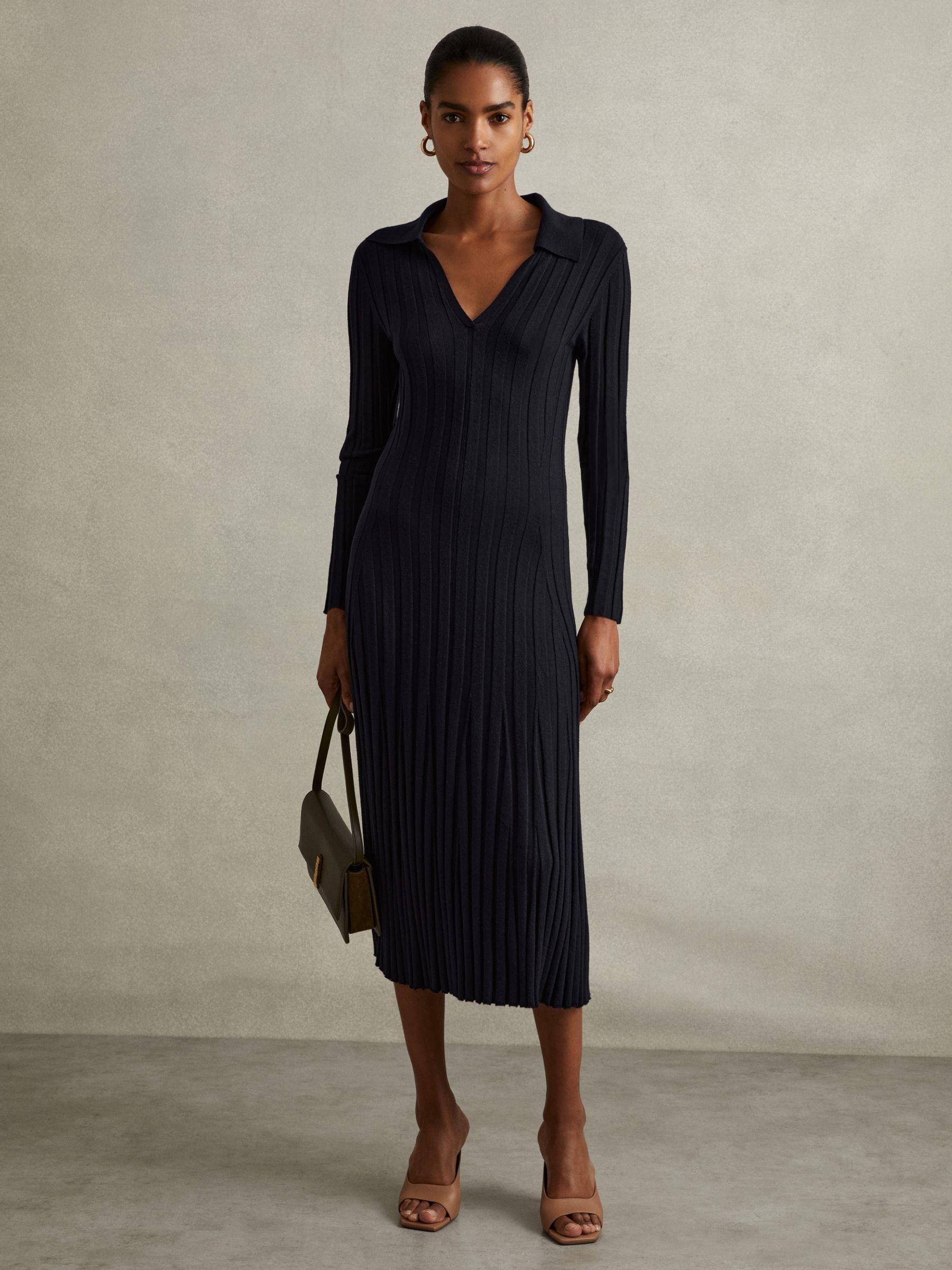 Petite Knitted Open-Collar Midi Dress in Navy Product Image