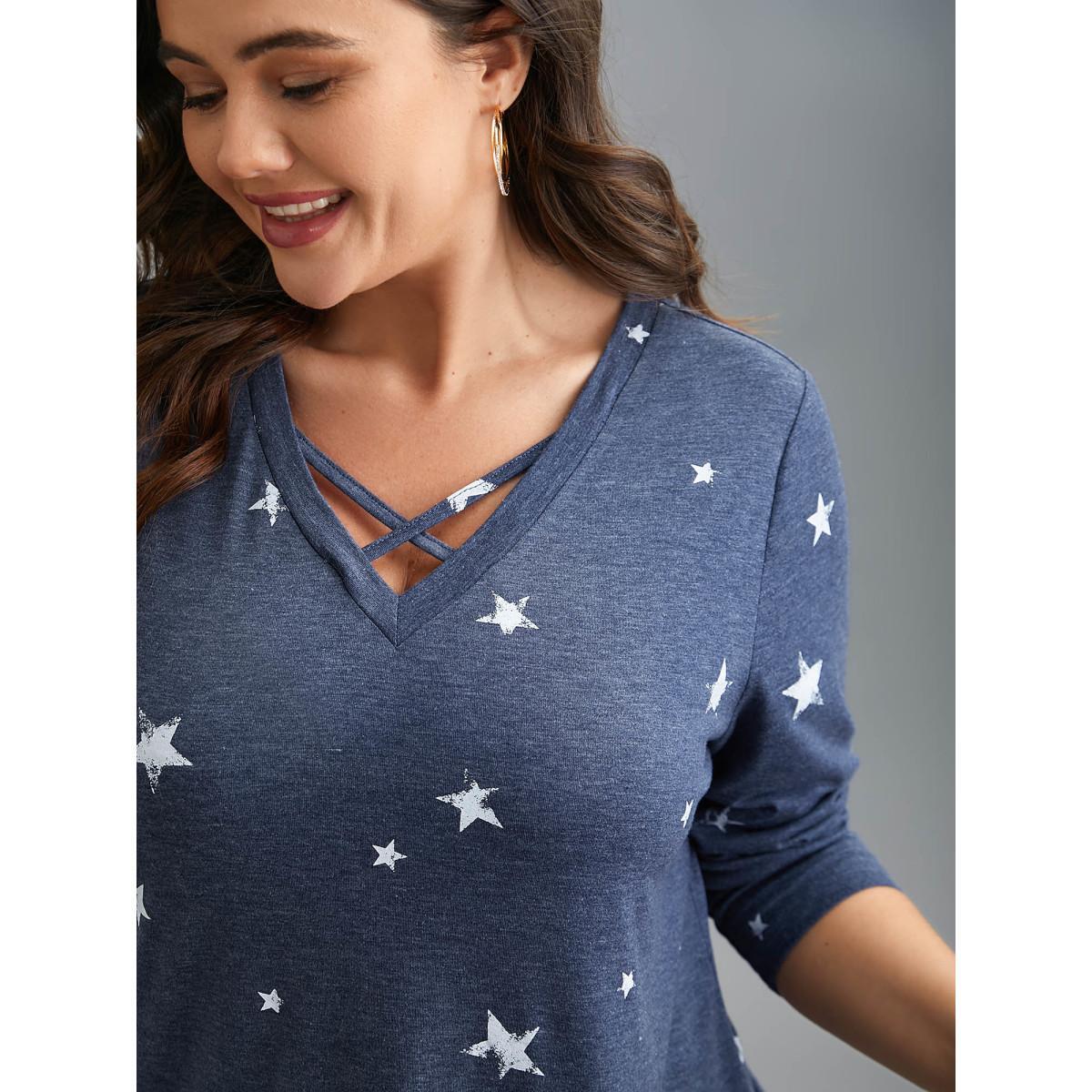 Plus Size Star Print Crisscross Cut-Out T-Shirt Indigo Women Casual Cut-Out Star and moon V-neck Everyday T-shirts BloomChic 18-20/2X Product Image