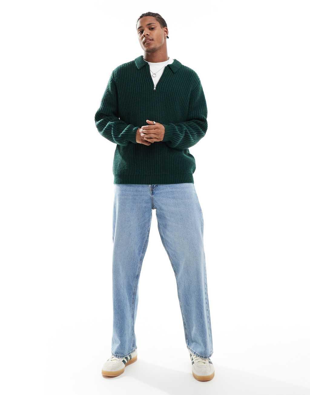 ASOS DESIGN wool mix oversized heavyweight quarter zip rib sweater with collar in dark green Product Image