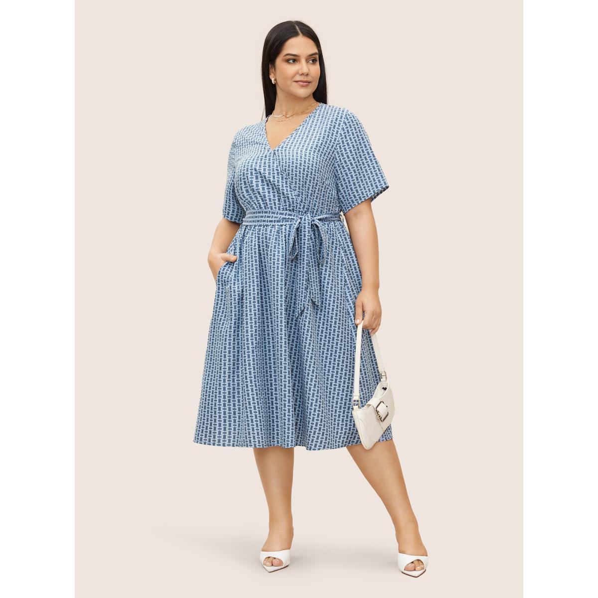 Plus Size Geometric Overlap Collar Elastic Waist Belted Dress Blue Women At the Office Overlapping Overlap Collar Half Sleeve Curvy Midi Dress BloomChic 30/6X Product Image