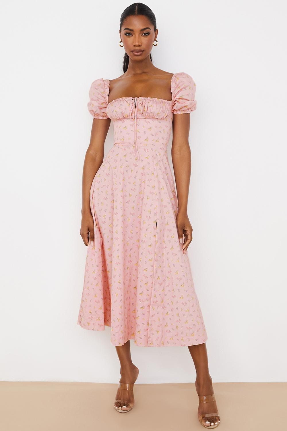 Tallulah Pink Floral Puff Sleeve Midi Dress Product Image