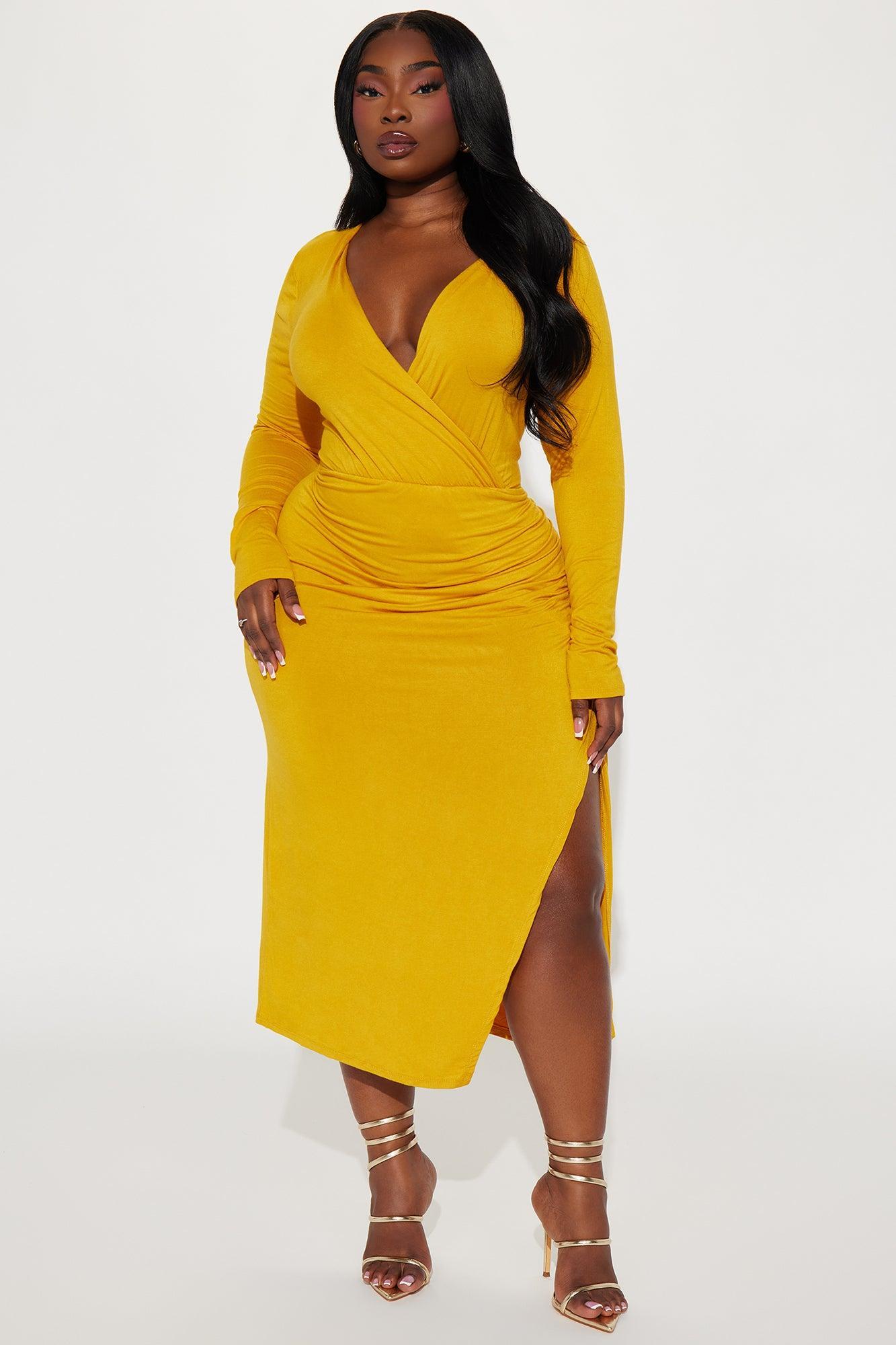 Claire Ruched Midi Dress - Mustard Product Image