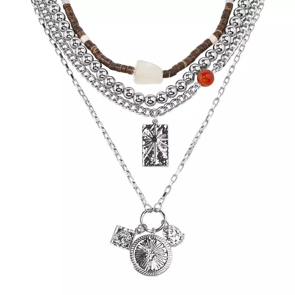 Emberly Silver Tone Triple Pendant Multi Row Charm Necklace, Women's Product Image