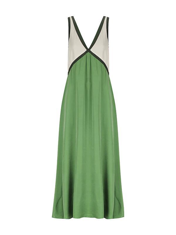 Loose Sleeveless Contrast Color Split-Joint Deep V-Neck Maxi Dresses Product Image
