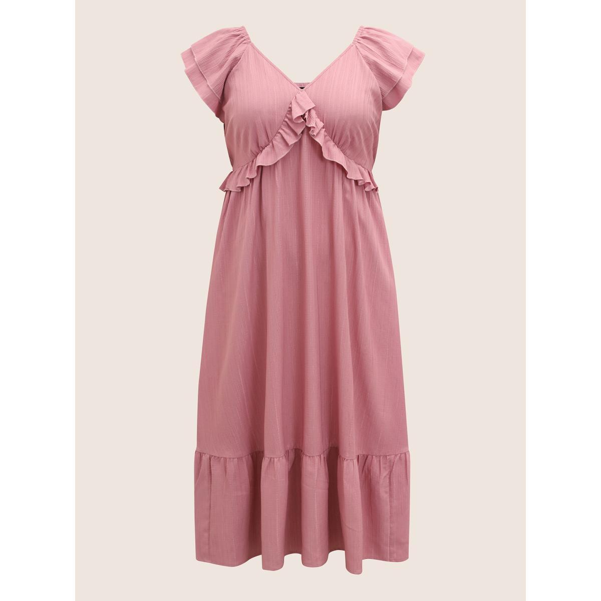 Plus Size Plain Textured Tiered Ruffle Sleeve Dress Beanpastepowder Women Elegant Tiered V-neck Cap Sleeve Curvy BloomChic 12/L Product Image