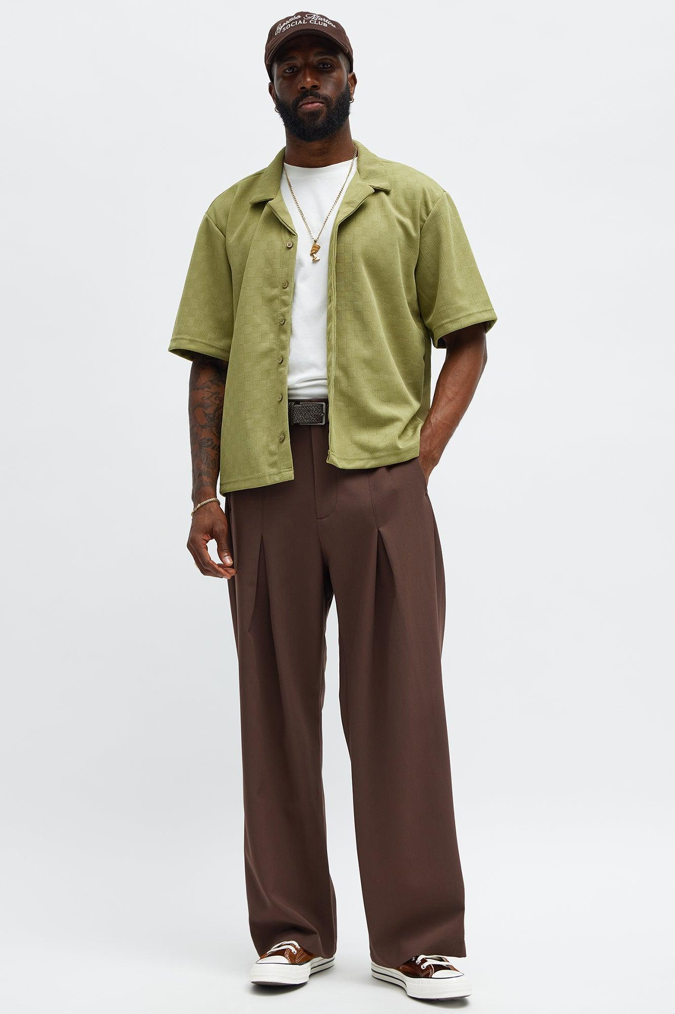 Checker Texture Cuban Button Up Shirt - Olive Product Image