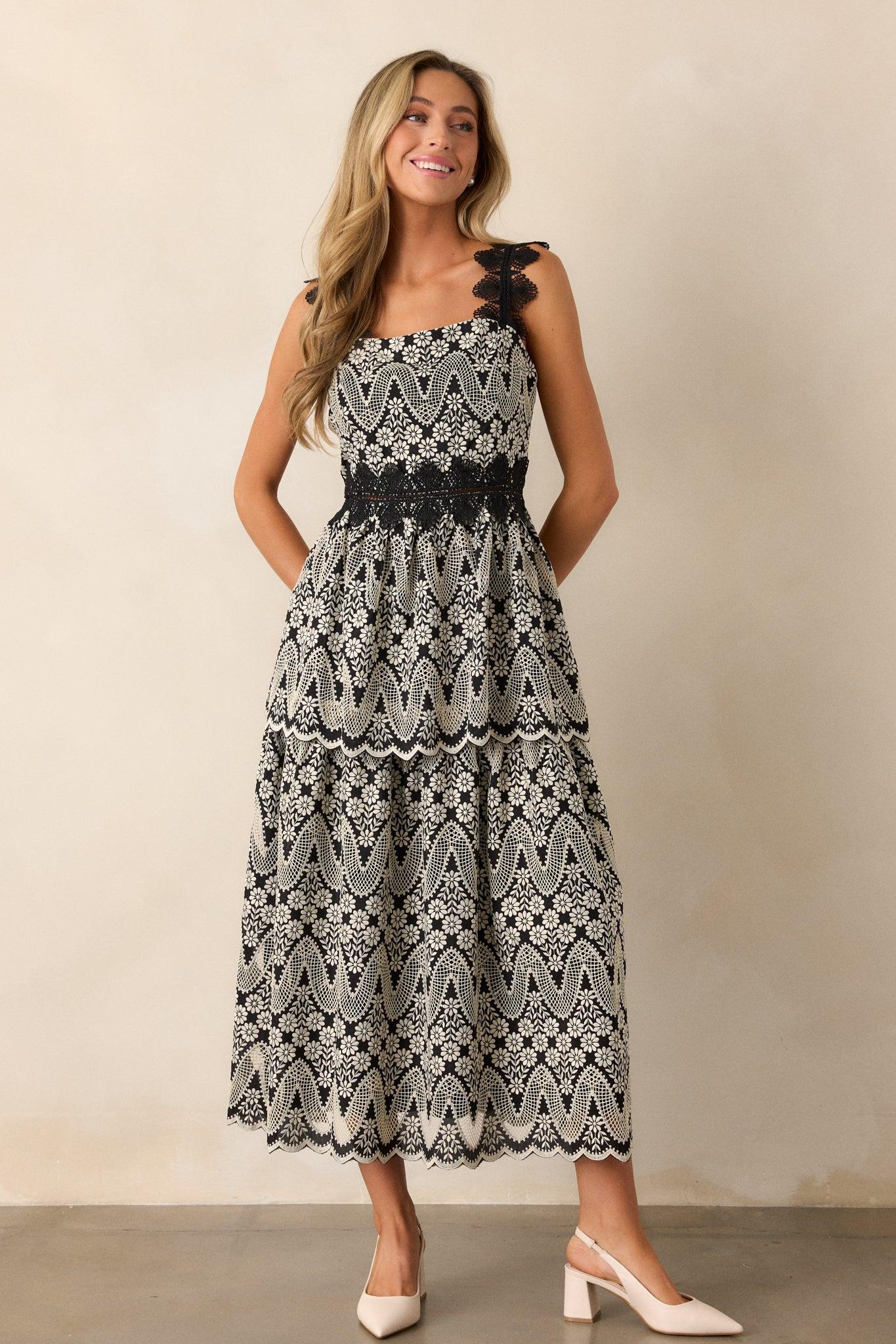 Mysteries Of The Night Black Eyelet Midi Dress Product Image