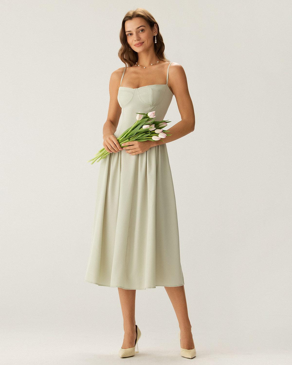 Green Square Neck Pocket Slip Midi Dress Product Image