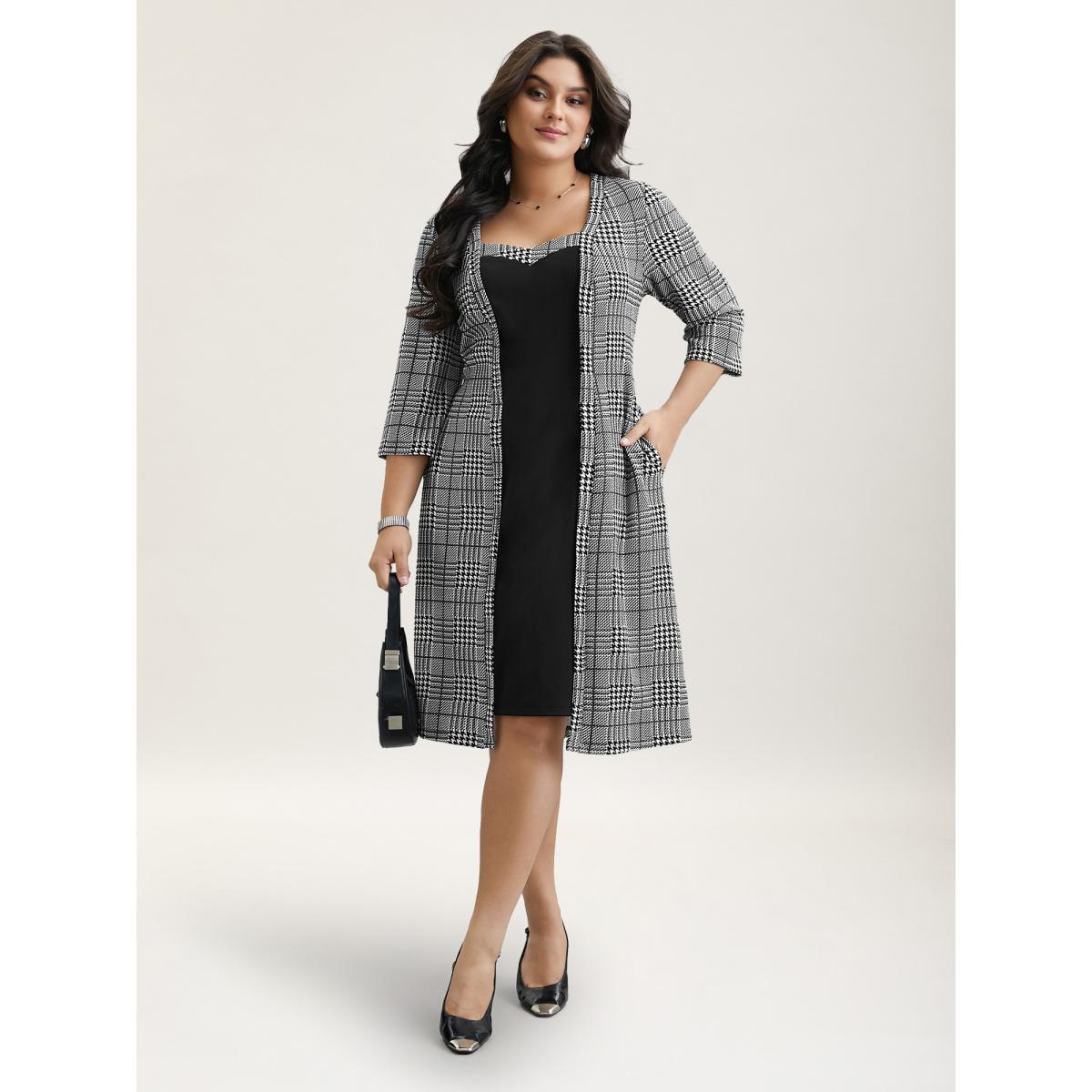 Plus Size Houndstooth Print Waist-Cinched Patchwork Midi Dress BlackFlower Women At the Office Patchwork Knit Dresses Bloomchic 10/M Product Image