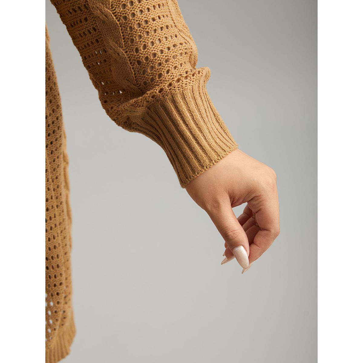 Plus Size Plain Cable Knit Elastic Cuffs Cardigan Bronze Women Casual Loose Long Sleeve Dailywear Cardigans BloomChic 14-16/1X Product Image