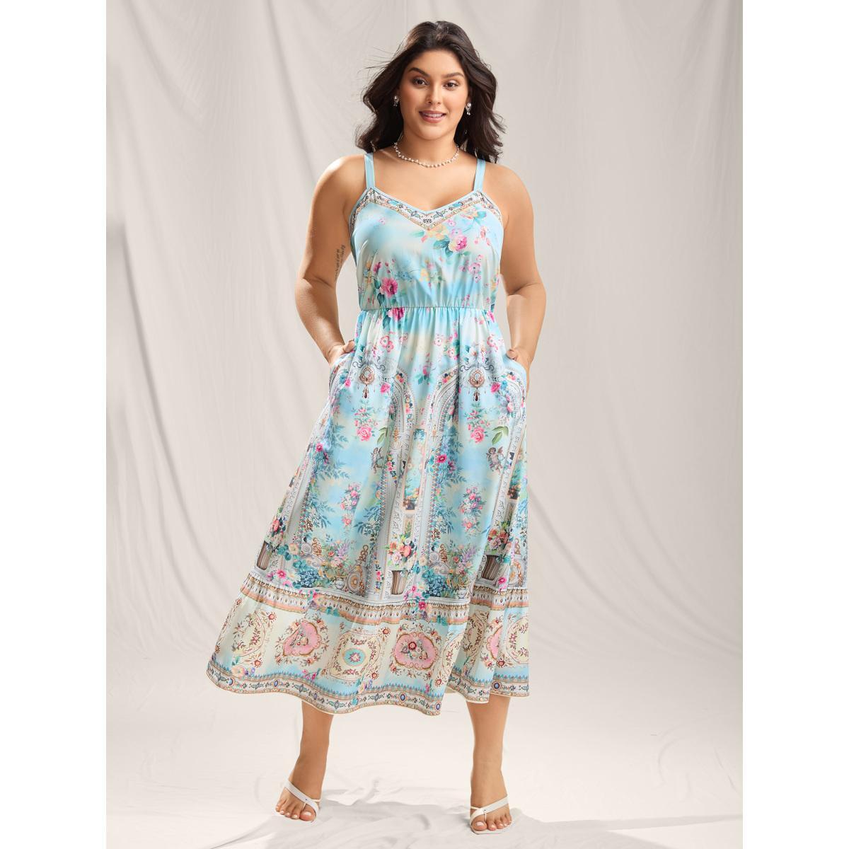 Plus Size Floral Paradise Print Pockets Maxi Dress LightBlue Women Heart neckline Sleeveless Curvy BloomChic 10/M Product Image