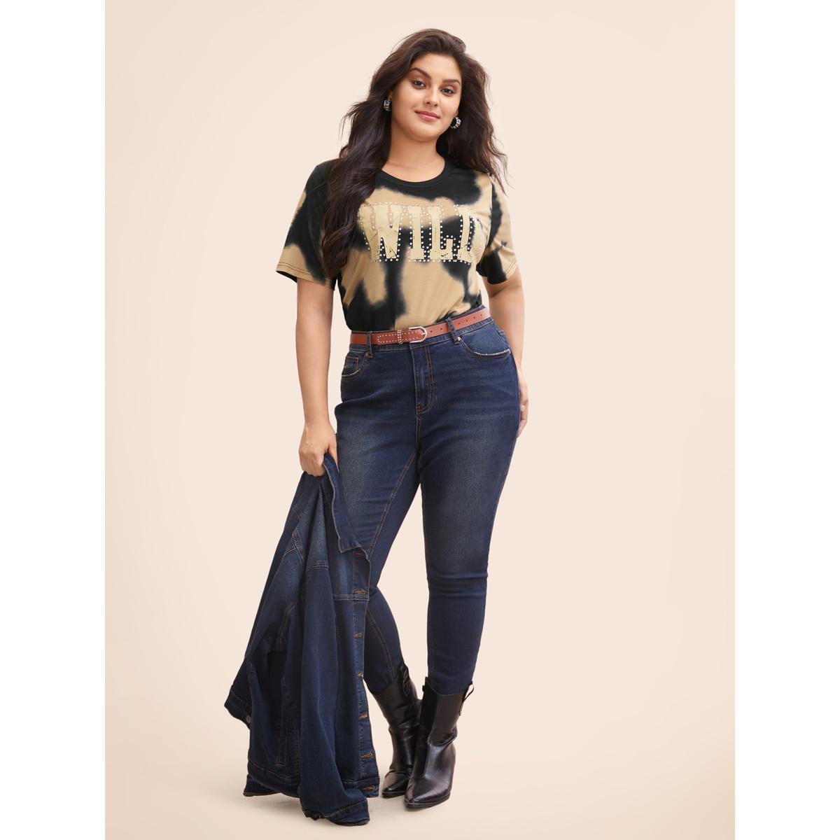 Plus Size Tie Dye Wild Logo T-shirt LightBrown Women Casual Rhinestone detailing Positive slogan Round Neck Everyday T-shirts BloomChic 14-16/1X Product Image